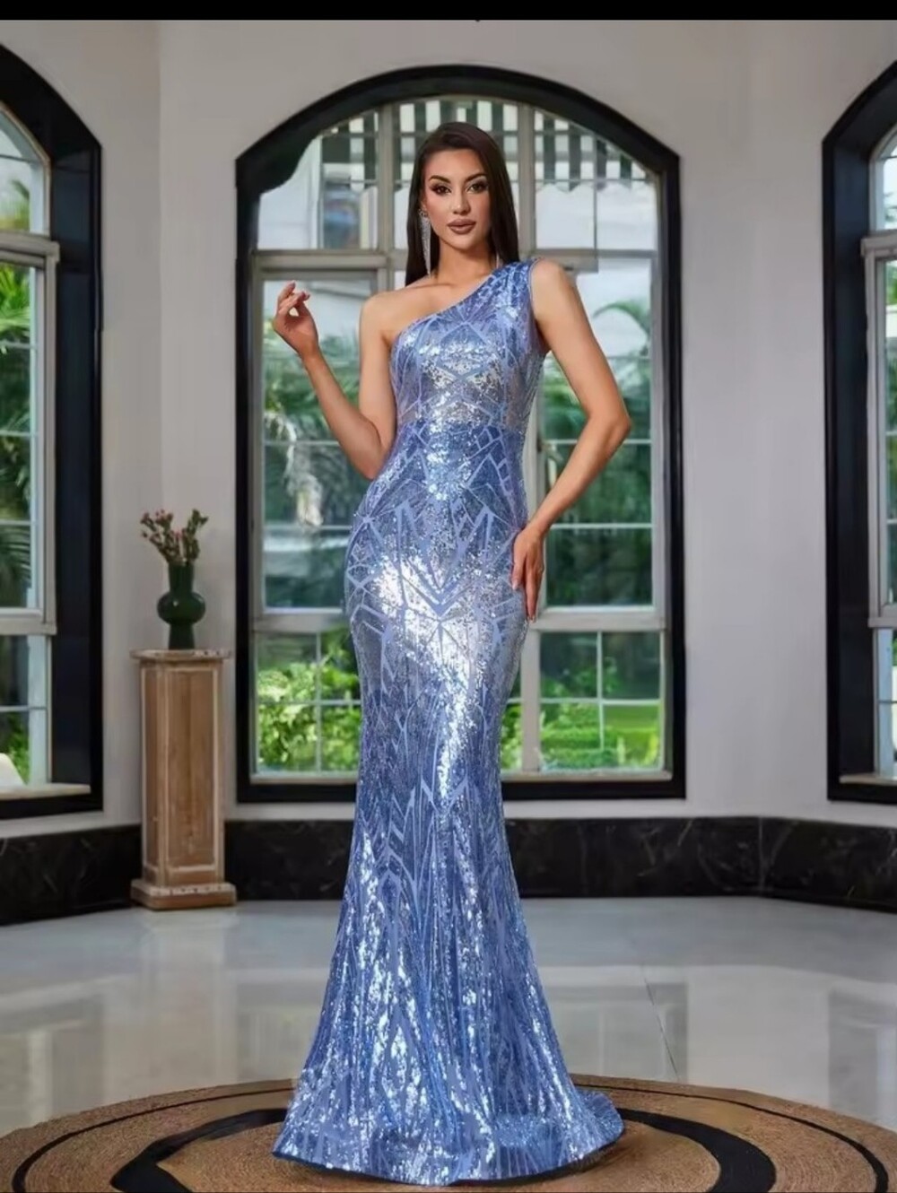 One-Shoulder Sequin Evening Gown in Light Blue - Picture 5 of 16
